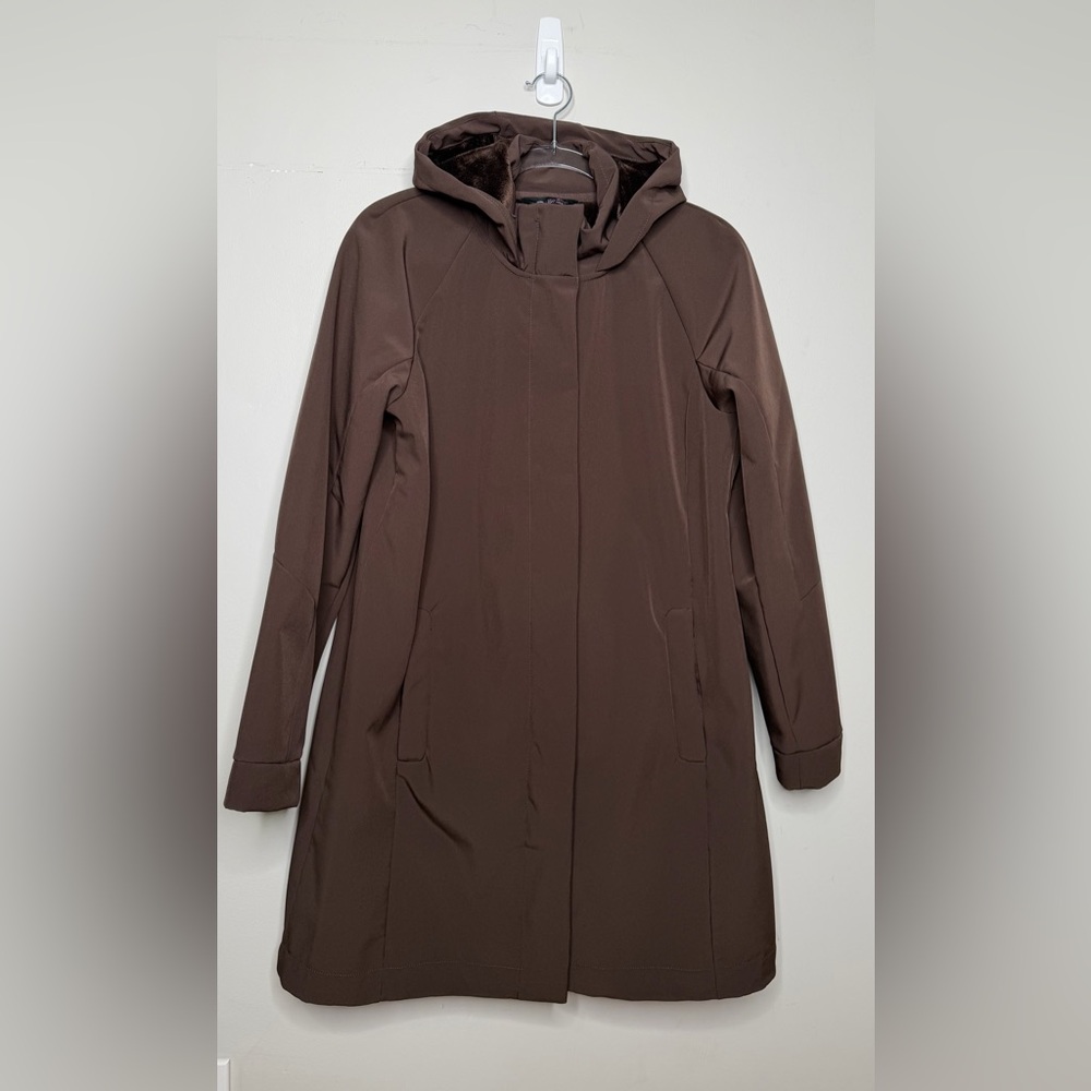 Mondetta Dark Brown Hooded Trench Coat Zip/Snap Closure.